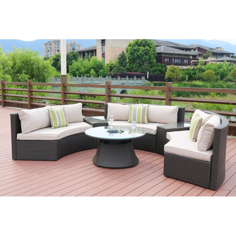 Mickens Six Piece Outdoor Black Wicker Sectional Seating Group with Beige Cushions, Black