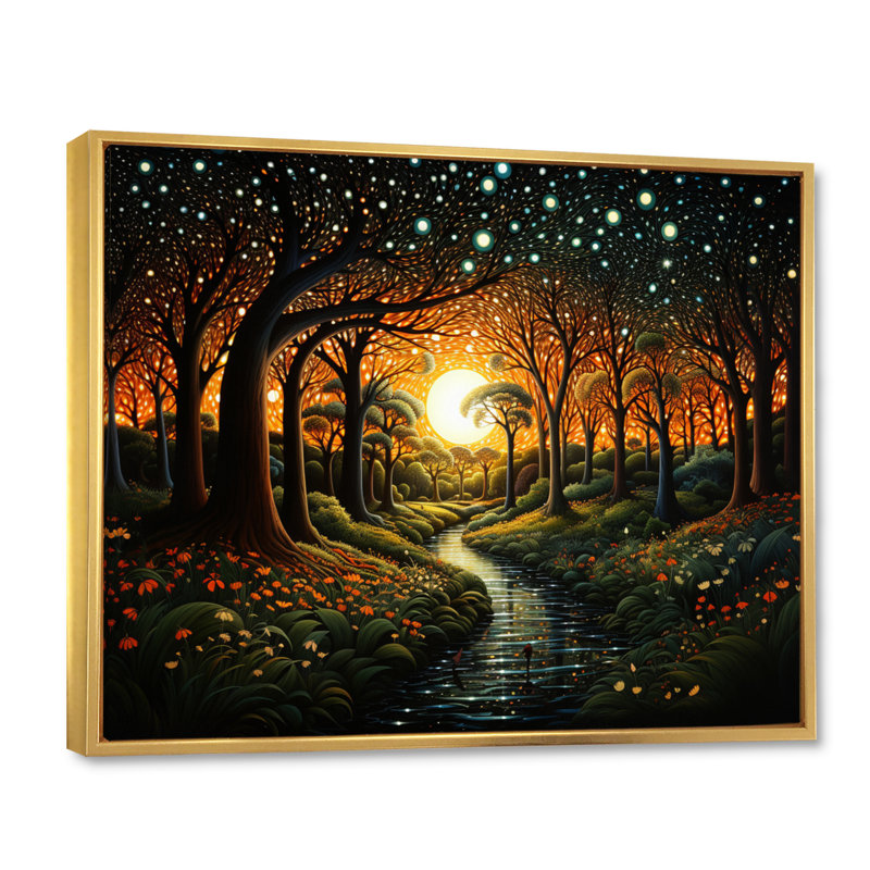 Pointillisme de la forêt enchantée brun-vert, Cadre flottant doré, H 12 po x l 20 po x P 1 po