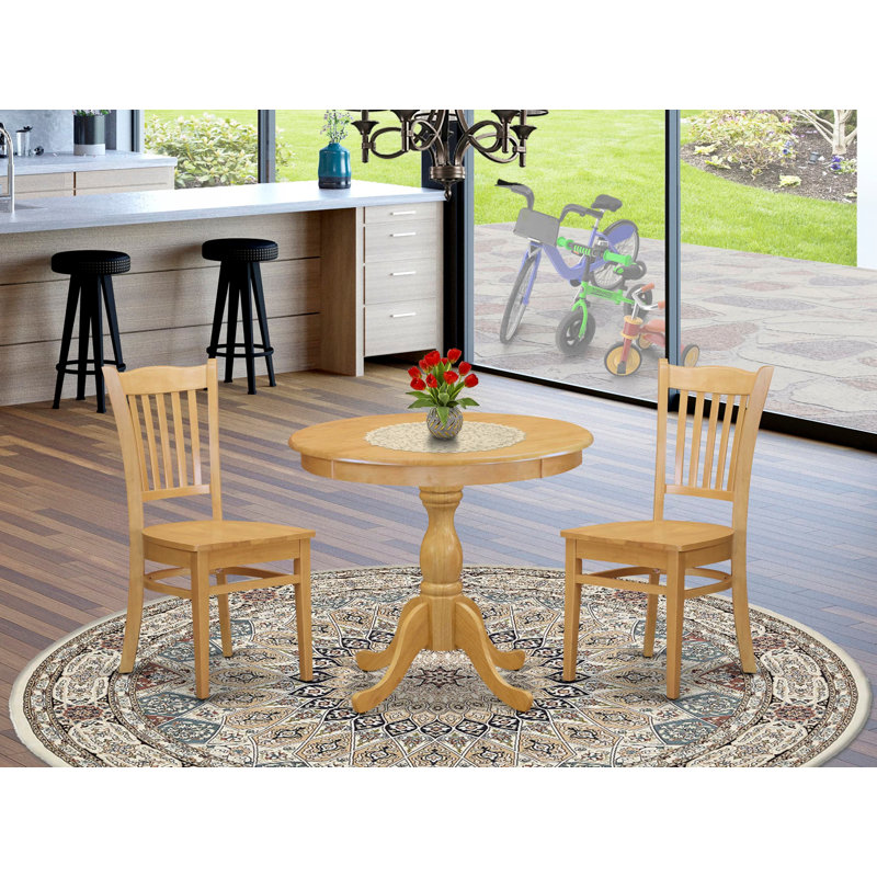 3 Piece Dining Table Set Includes 1 Round Pedestal Dining Table and 2 Oak Dining Room Chairs with Slatted Back - Oak Finish