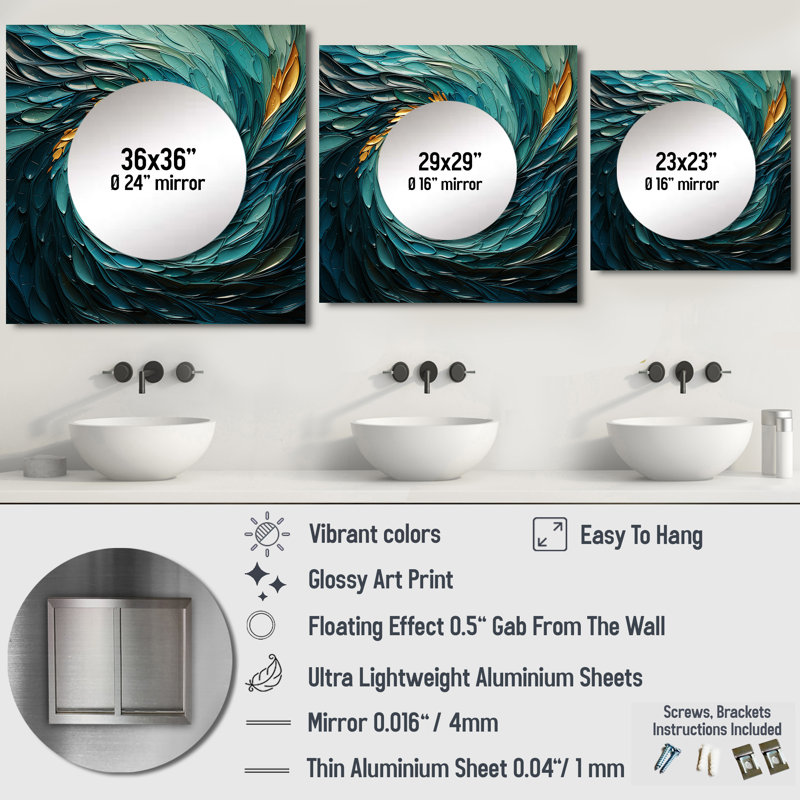 Majestic Motion Teal Spiral III - Abstract Spirals Large Square Mirror Wall Decor For Bedroom, 23" x 23"