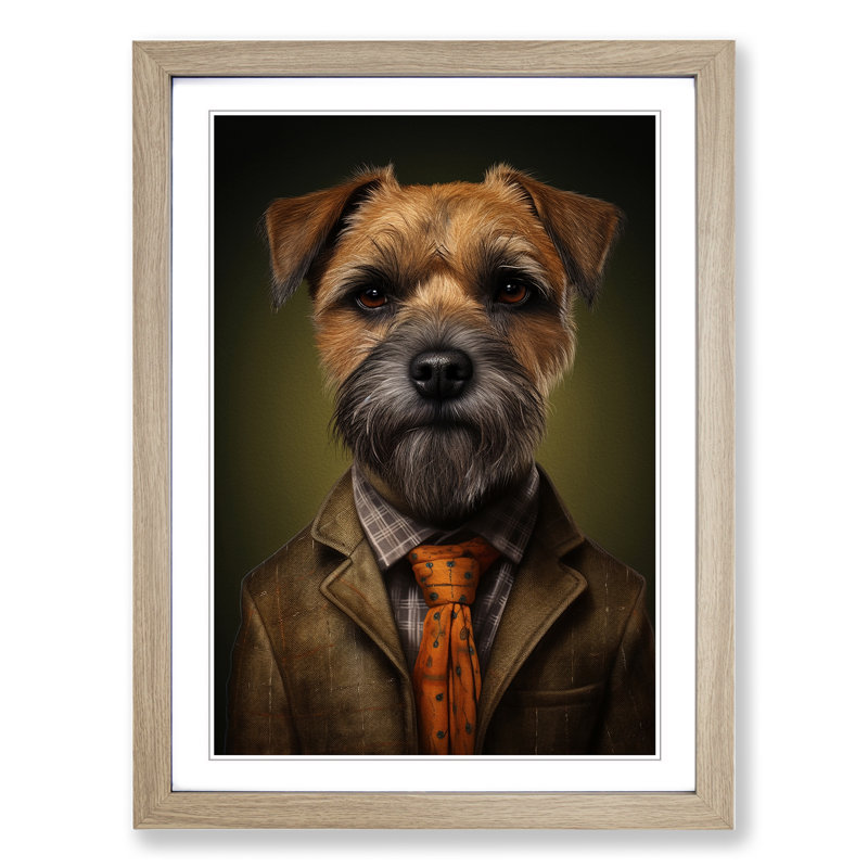 Border Terrier In A Suit Painting - Single Picture Frame Print on Wood, 64cm H x 46cm W x 2cm D, Oak Framed