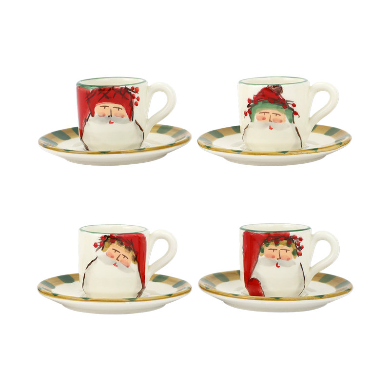 Handmade Ceramic Holiday Espresso Cups with Saucers, Set of 4