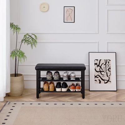 Petit banc à chaussures, tablette à chaussures à 3 niveaux, banc de rangement pour chaussures avec coussin d'assise en PU, banc à chaussures d'entrée avec étagères en maille métallique, organisateur de chaussures autoportant pour couloir