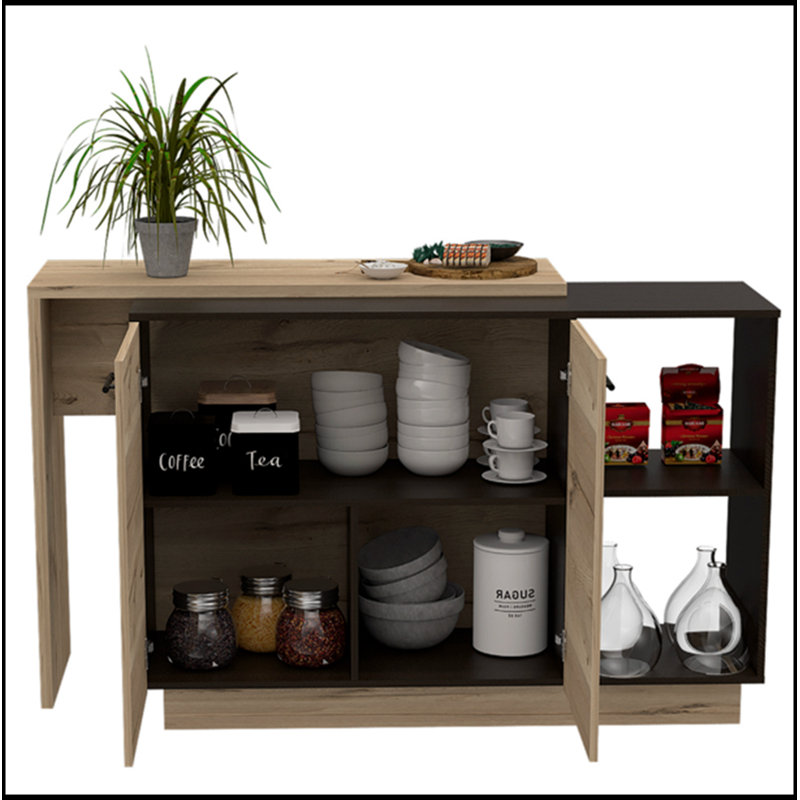 Chesterfield 2-Shelf 1-Drawer Kitchen Island in Wengue and Light Oak, Combining Modern Design with Ample Storage and Display Space.