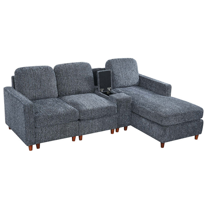 Canapé d'angle en L avec méridienne réversible et console de rangement, Bleu, noir, chenille