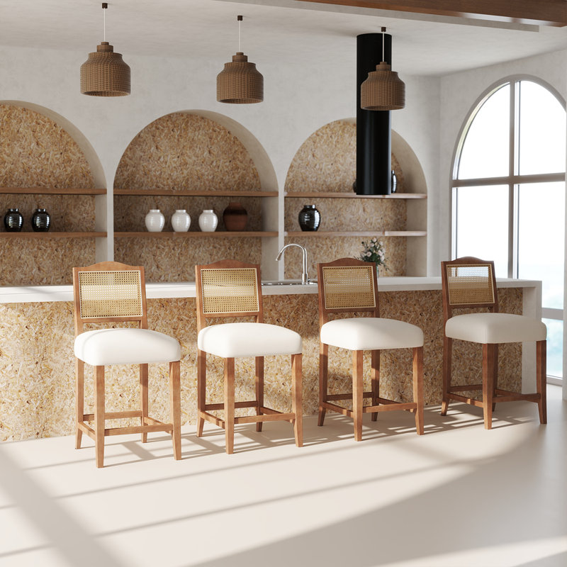 Counter Height Bar Stools Farmhouse Barstools With Rattan Back Comfortable Upholstered Bar Chairs For Kitchen Island, 4