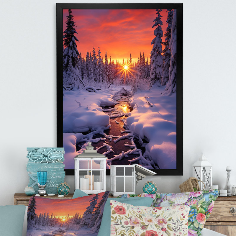 Rose et jaune en hiver lever de soleil III - paysage d'hiver, Cadre simple noir, H 20 po x l 12 po x P 1 po