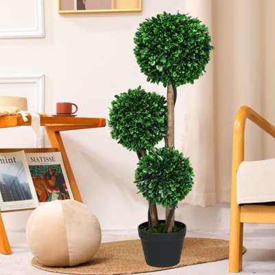 Artificial Topiaries Ball Tree Outdoor.3ft Artificial 3 Ball Boxwood Topiary Tree with Pot, Faux Shrubs Plants Potted Green Decorative Indoor Porch or Garden
