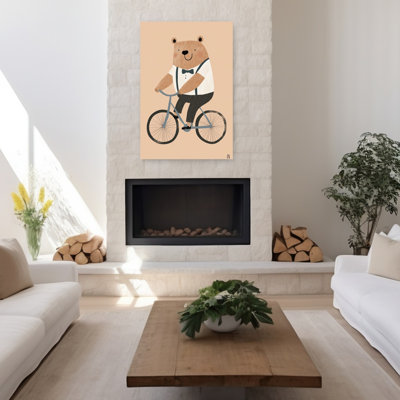 «Dapper Bear Cycling Playful Whimsical Contemporary», reproduction d'art murale