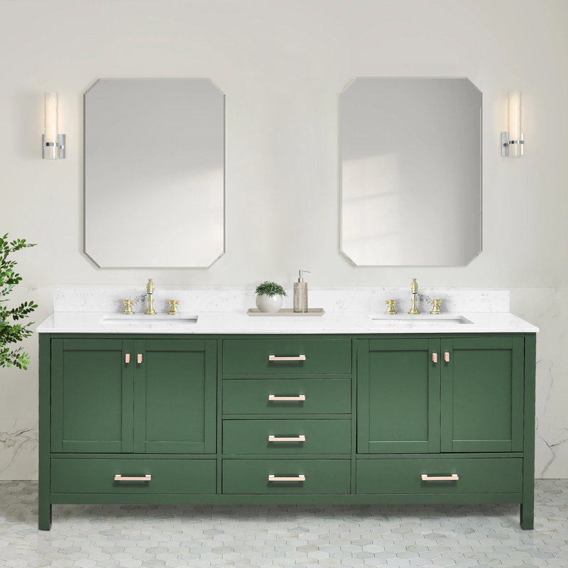 Meuble-lavabo moderne avec lavabos doubles et rangement, Vert / or brossé, 72"