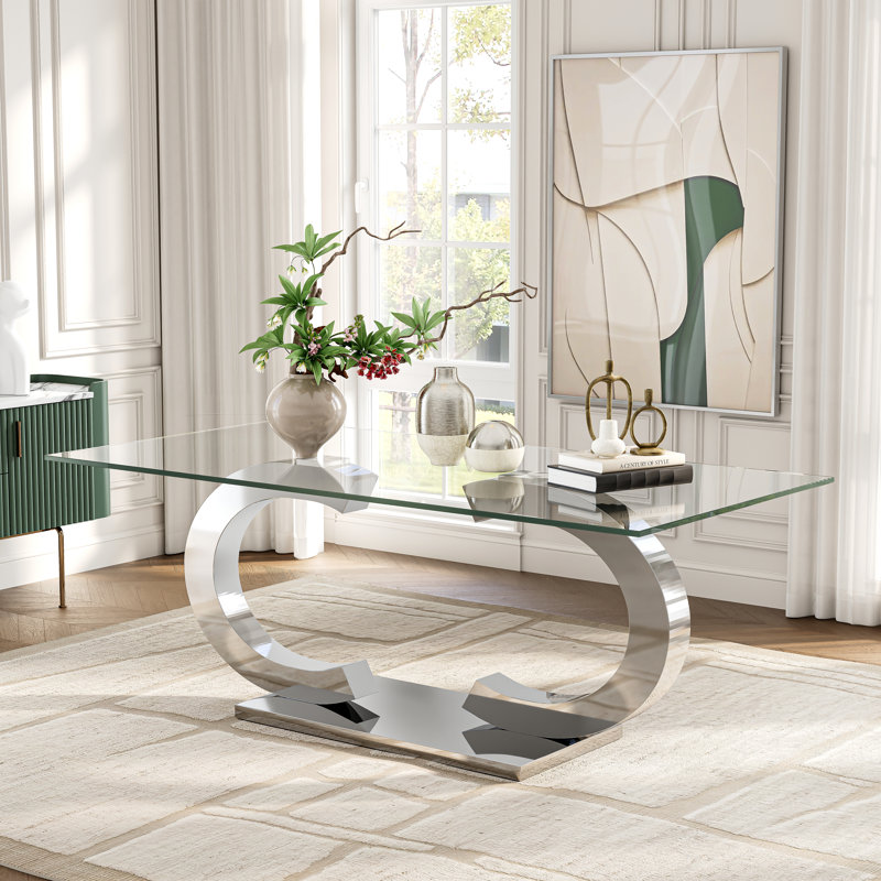 Modern Rectangular Dining Table, 78.7"  Tempered Glass Top and 360° Rotatable Stainless Steel Double "C" Base, Silver