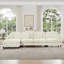 Canapé modulaire classique à trois places en forme de L avec accoudoirs évasés et volants amovibles, jupes plissées et pieds fuselés, canapé à quatre places en chenille confortable avec repose-pieds mobile, blanc beige-413503985