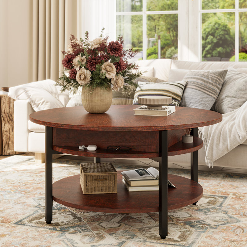 Table basse à plateau relevable en bois avec rangement Wynny, H 18 po x l 27 po x P 27 po, Red Brown