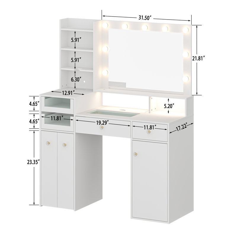 Vanity Desk With Outlet, Hollywood Vanity With Glasss Drawers Tabletop
