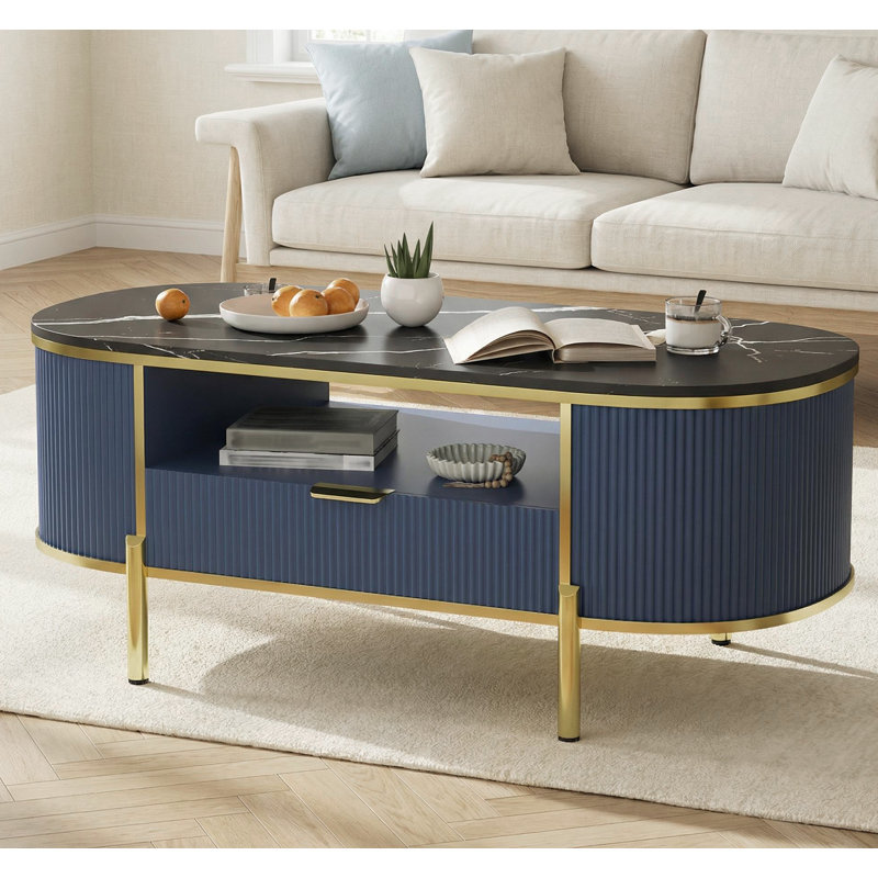 Table basse 48 po ovale avec tiroir, table de centre cannelée en bois avec plateau en faux marbre, table d'appoint décorative pour salon, bureau, bleu