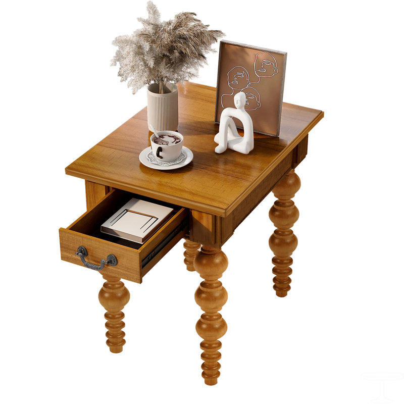 Table de bout en bois massif avec tiroir, Marron clair