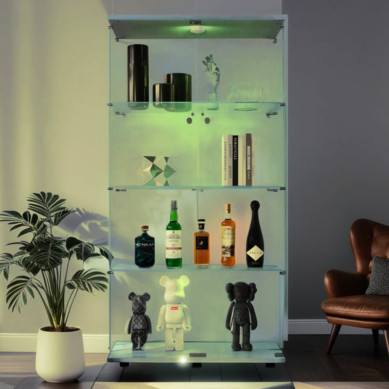 Vitrine blanche en verre 4 couches avec lumières, 12 réglages de couleur, 63,14 H x 32,12 L 14,07 W, verre trempé de 5 mm, vitrine en bois massif à deux portes - blanc, tableaux réglables, coffre-fort
