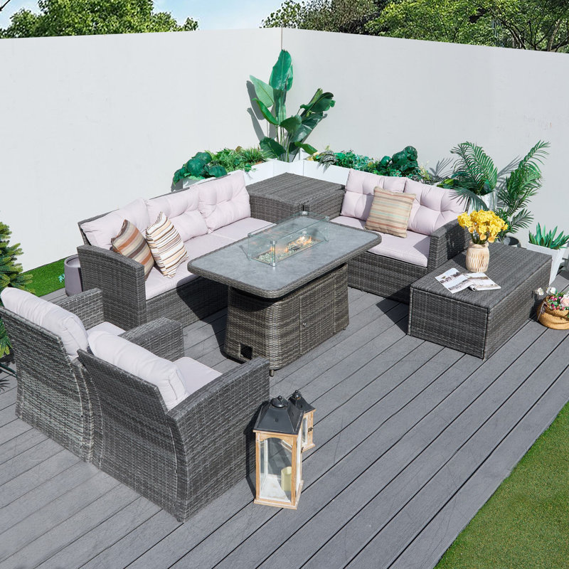 Ensemble de conversation d'extérieur pour 7 personnes avec table de foyer réglable Atlante, Grey