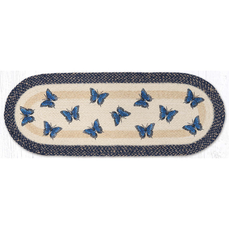 Earth Rugs Blue Swallowtail Oval Table Runner 36" H Braided Jute Hand-Stenciled Runner For Indoor Decor, Blue Swallowtail