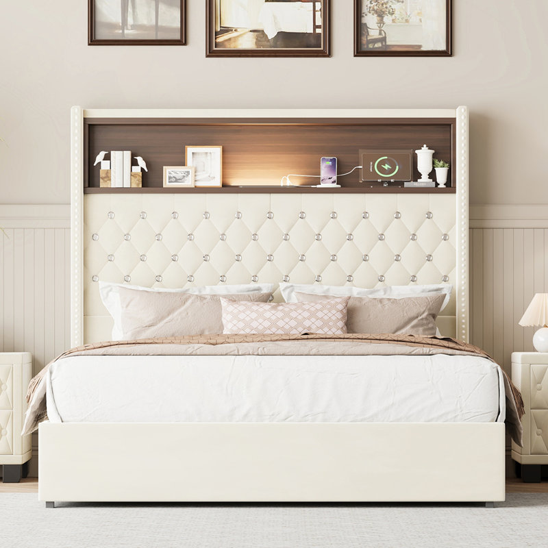 Structure de lit double capitonnée en velours, Beige