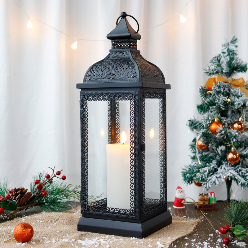 Glass & Metal Tabletop Lantern, 46cm H x 15cm W x 15cm D, Black