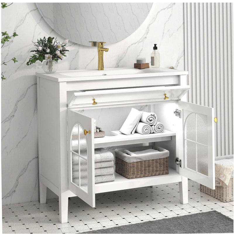 35.6" Mid-Century Bathroom Vanity Sink with Patterned Glass & Motion-sensor Light Strip, Farmhouse Freestanding Bathroom Vanity Sink with Storage, High-end Restroom Vanity Cabinet,White