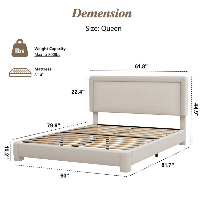 Structure de lit tapissier avec tête de lit, aucun sommier requis, Beige, Grand lit