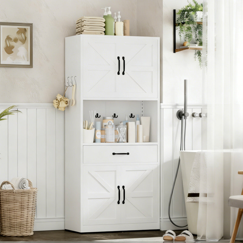 Garde-manger de style campagnard en acier de 72 po avec comptoir, tablettes réglables et tiroir de cuisine rustique blanc Mak Peace