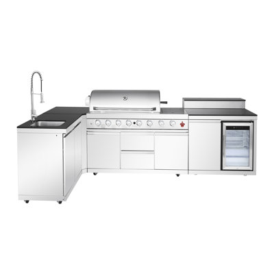 Barbecue pour îlot de cuisine en acier inoxydable à 6 brûleurs 99000 avec évier, rangement, réfrigérateur, armoire d'angle, arrière pour rôti juteux, plats latéraux, housses de protection contre les intempéries, durabilité 304