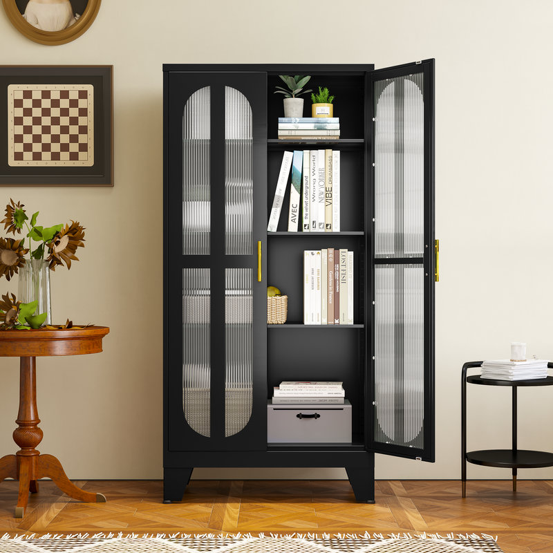 Armoire de cuisine autoportante avec portes en verre acrylique George, Noir, noir, noir, noir