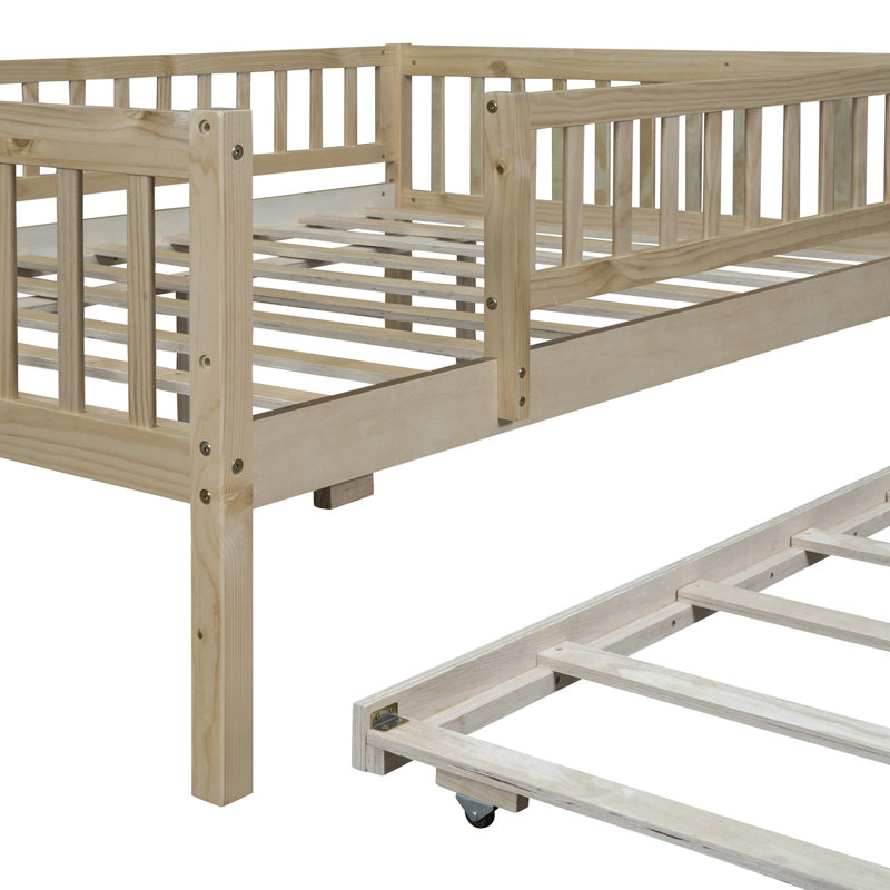 Wood Daybed With Trundle And Fence Guardrails, Natural, Full/Double