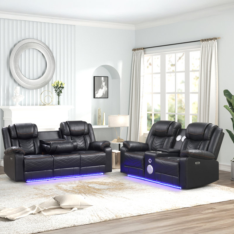 Causeuse inclinable électrique à DEL avec console, rangement, porte-gobelet en acier inoxydable, haut-parleur Bluetooth, Noir