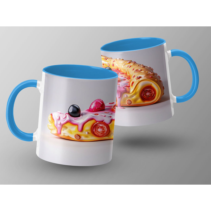 Set of 3 3D Design 11oz Accent Mugs – Ceramic Coffee Cups with a Light Blue Handle and Interior