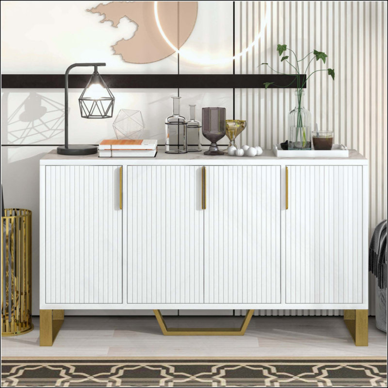 Modern Sideboard With Four Doors, Metal Handles & Legs And Adjustable Shelves Kitchen Cabinet, White