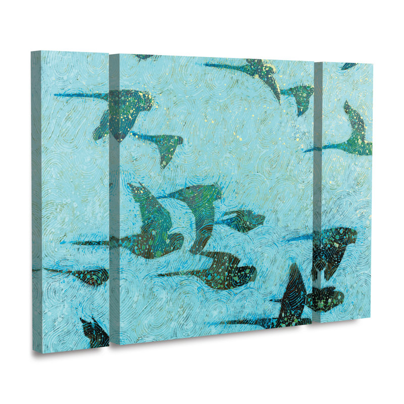Ensemble de 3 panneaux - Shirley Novak «Gilded Flight Blue Green», art mural sur toile pour le salon, la chambre à coucher ou le bureau 