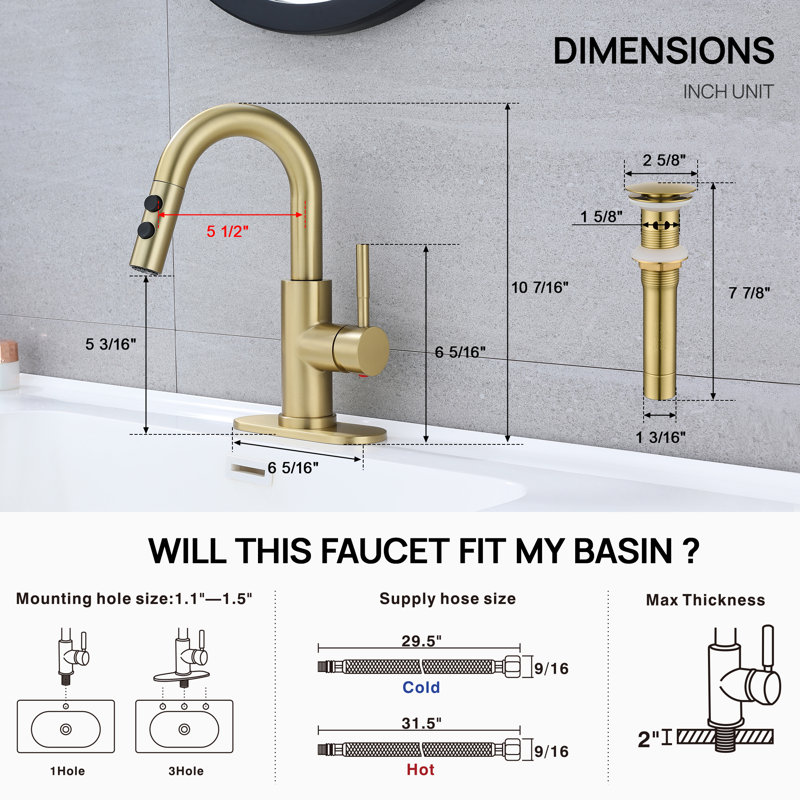 Single Handle High Arc Bathroom Sink Faucet with Pull Out Sprayer and Pop Up Drain, Brushed Gold
