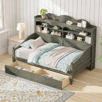 Lit de jour simple avec tiroirs de rangement, lit de jour simple en bois avec tablette de rangement, lit de jour de style rétro pour chambre à coucher, salon, chambre d'amis, aucun sommier nécessaire, assemblage facile, gris antique
