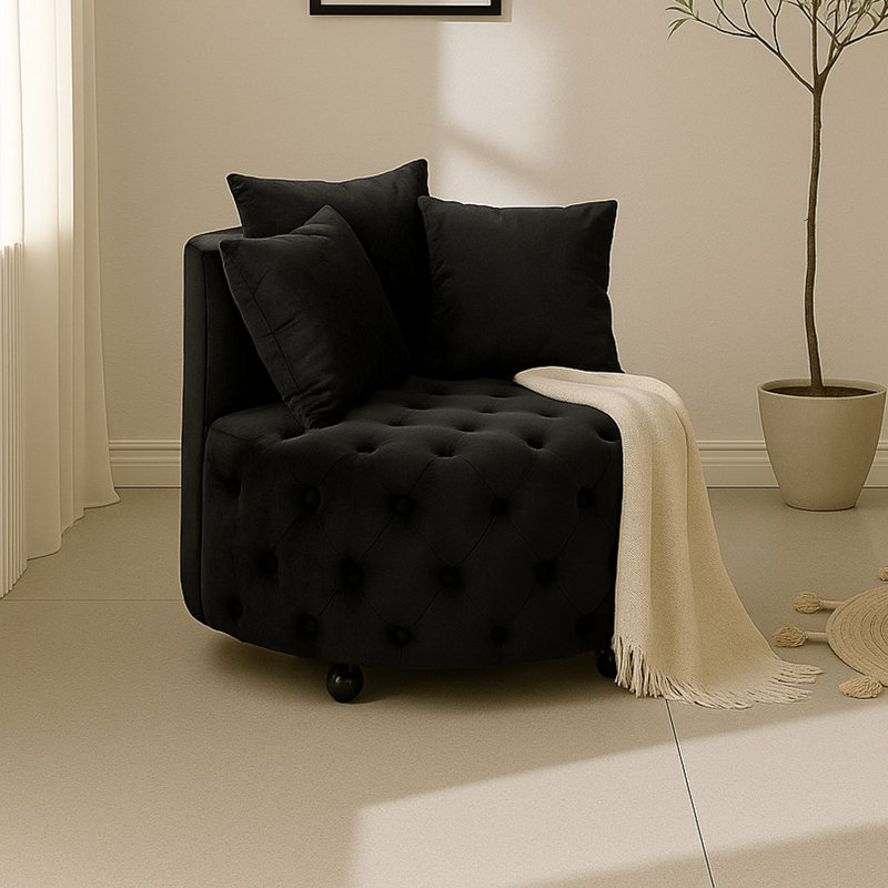 Fauteuil d'appoint touffeté rond sans accoudoirs avec roulettes et coussins moelleux, Noir