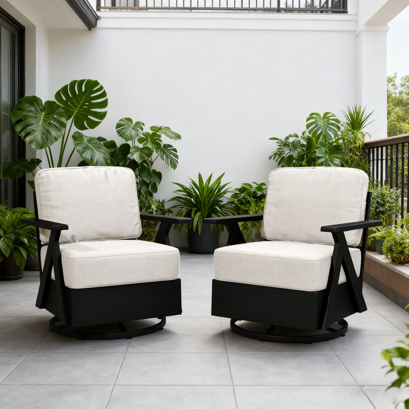 Ensemble de fauteuils pivotants d'extérieur en aluminium 2 pièces avec coussins épais durables toutes saisons - beige, Beige