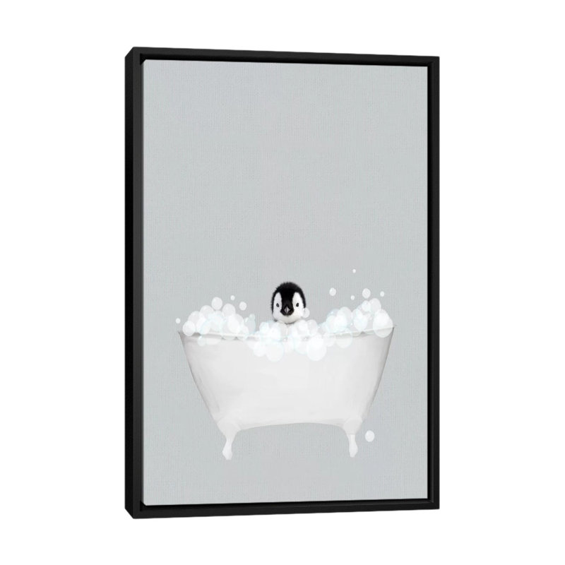 Pingouin bleu bain - imprimé, H 26 po x l 18 po x 1,5 po, Pas de tapis, Toile avec cadre noir