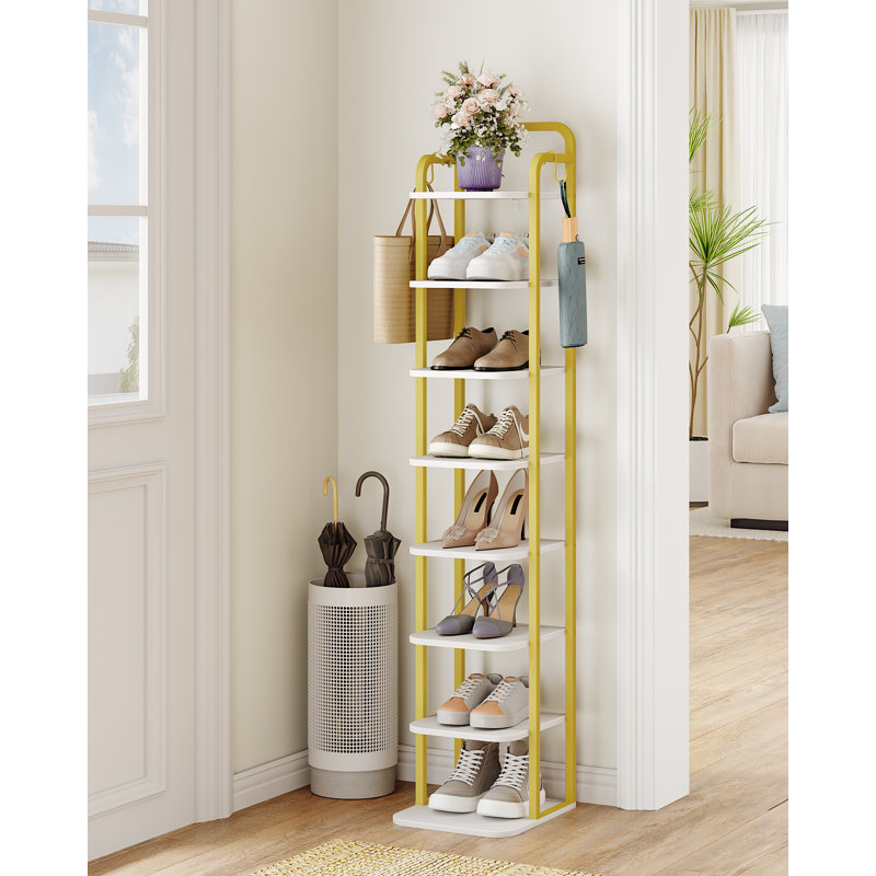 Range-chaussures vertical à 8 niveaux, tour à chaussures étroite, étagère à chaussures haute avec 2 crochets, tablettes réglables, étagères à chaussures de coin pour petits espaces, vestibule, salon, or blanc