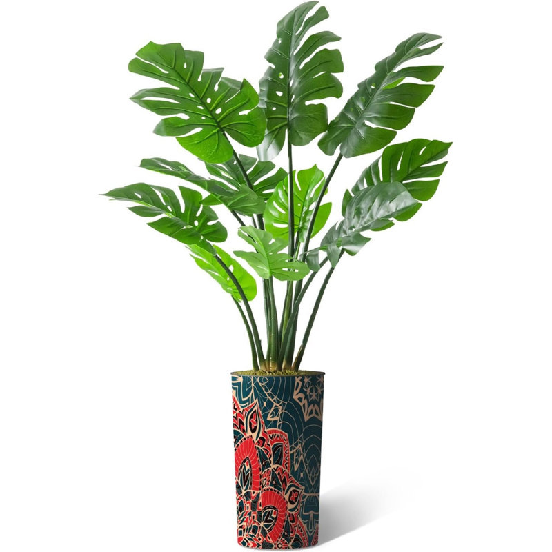 Arbre artificiel dans un pot de fleurs moderne, arbre de soie artificiel Monstera (décoration en pot et arbre), Mandala rouge