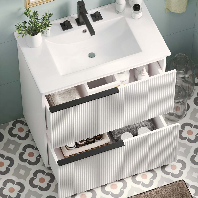 Bathroom Vanity with Ceramic Sink,Drawers,for Modern Elegance, White