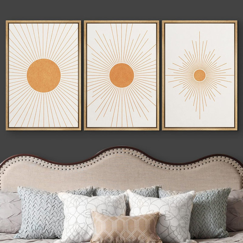 Sun And Moon " Sun Rays " 3 - Pieces, 24" H x 48" W x 1.5" D, Natural Floater Framed Canvas