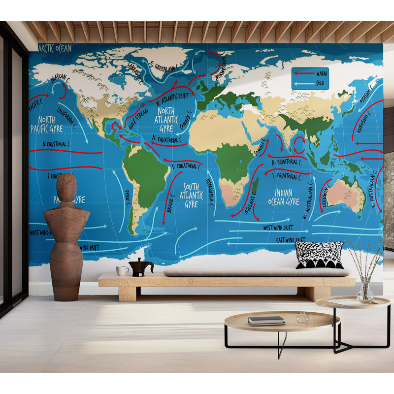 Murale pelez et collez de qualité supérieure - Carte du monde des courants océaniques, L 210 po x L 144 po