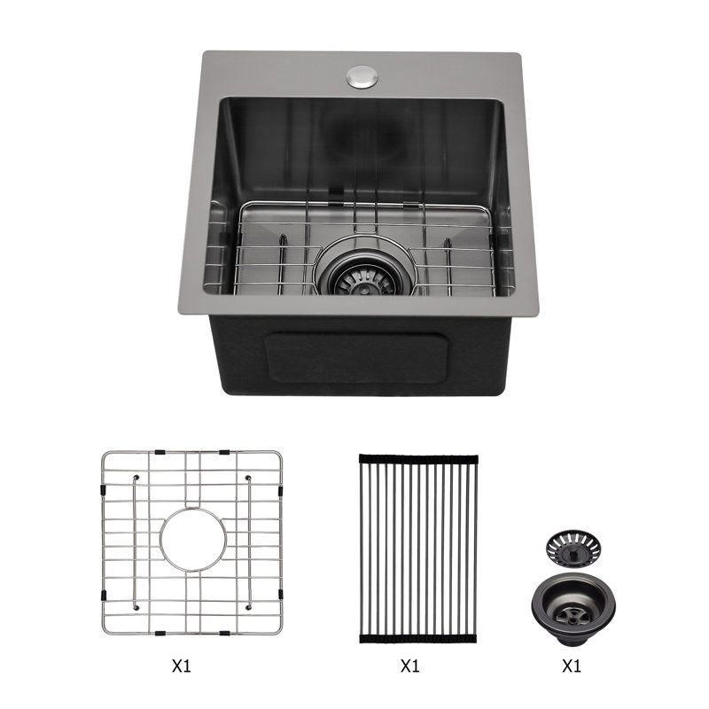 Évier de cuisine à montage sur plan en acier inoxydable encastrable noir de calibre 16 à montage sur comptoir de 15 po x 15 po x 9 po | Idée de cadeau