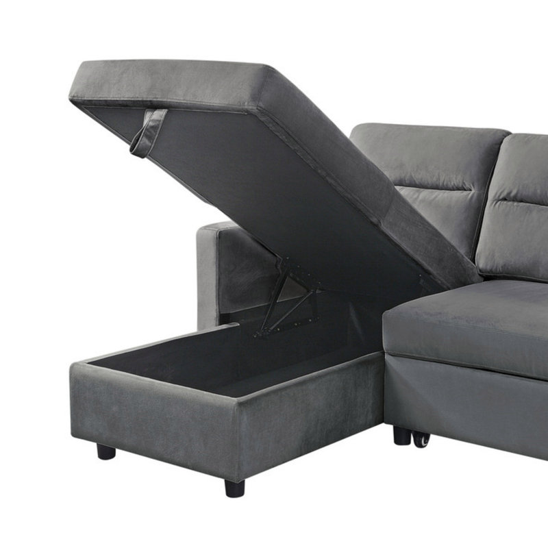 Phenex Seaside Style Reversible Sleeper Sectional Sofa, Gray Velvet