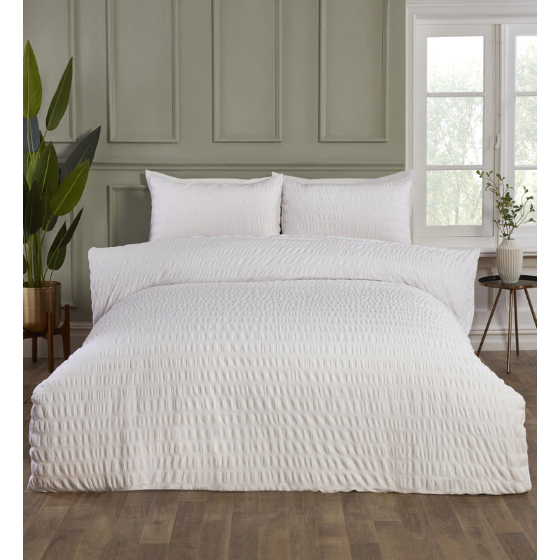 SEERSUCKER Cotton Blend Solid Colour Duvet Cover Set with Pillowcases Included, White