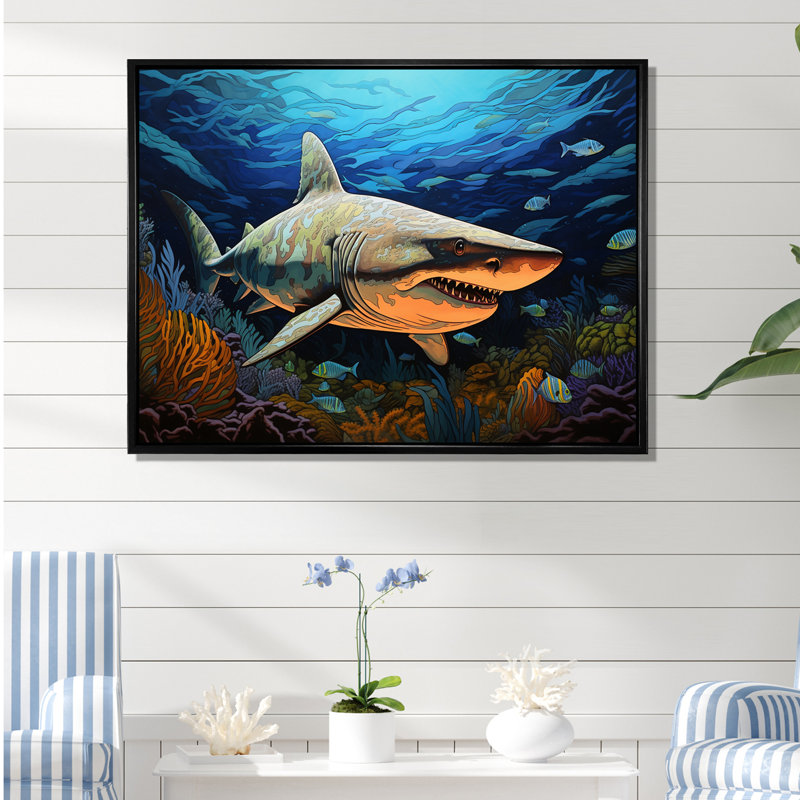 " Bull Shark Depths Photography I ", 16" H x 32" W x 1" D, Black Floater Framed