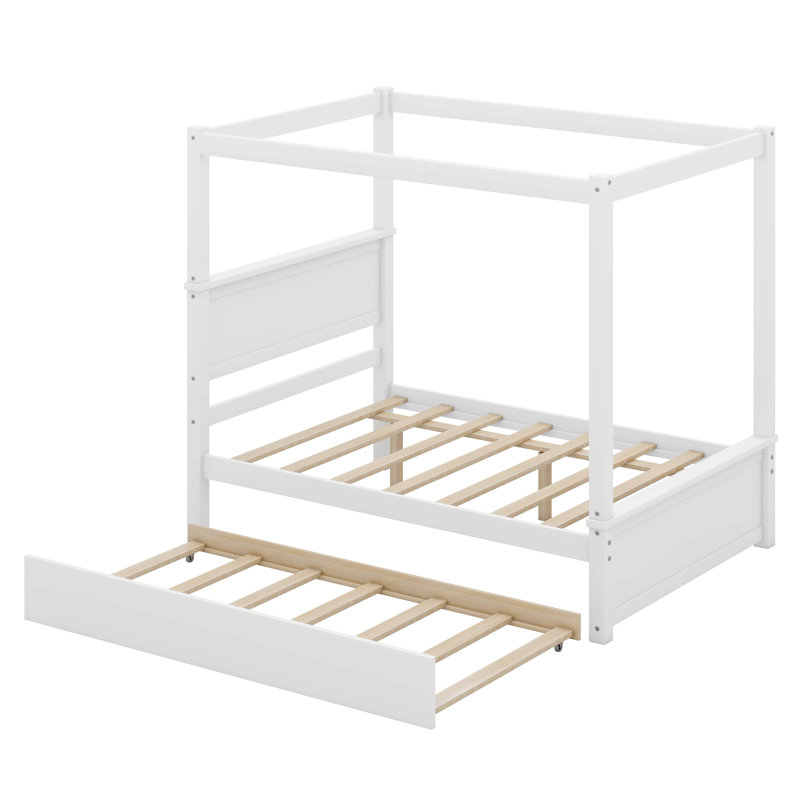 Cactier Full Size Canopy Platform bed With Trundle Bed, Brushed White